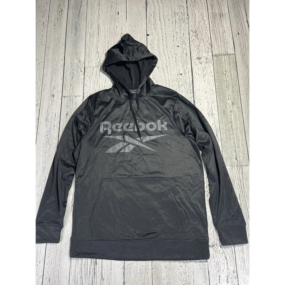 Reebok Hoodie Men Medium Black Graphic 100% Polyester Fleece Drawstring Pullover